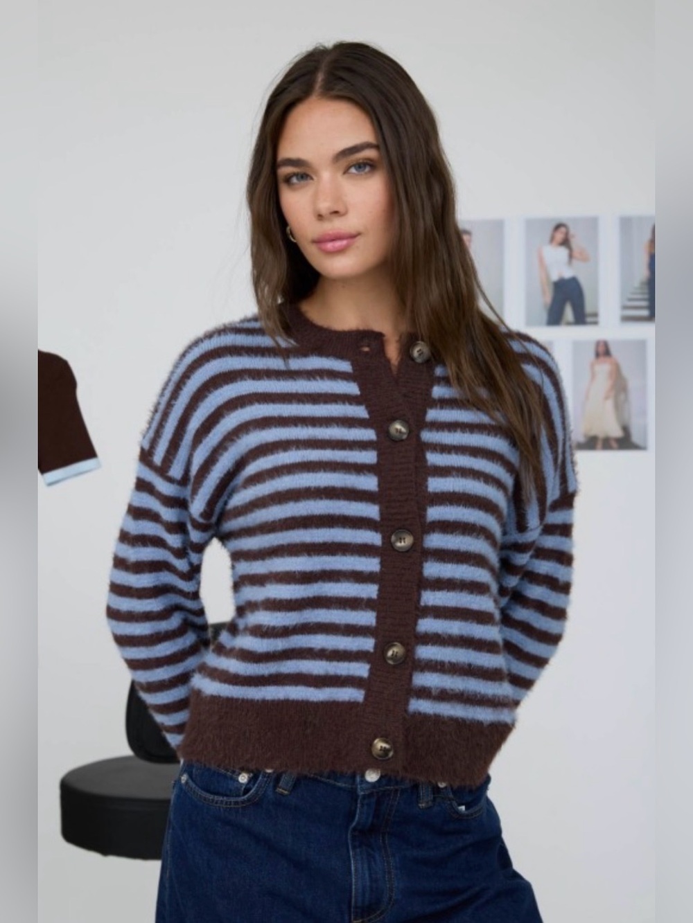 Striped Fuzzy  Knit Button-Front Sweater - Blue & Brown